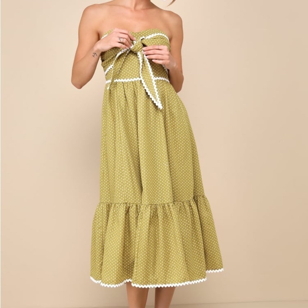 LULUS DELIGHTFUL DESIGN LIGHT GREEN POLKA DOT MIDI DRESS WITH POCKETS, SIZE L